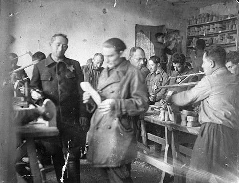 Jews at work in a shoe factory in the Szarkowszczyzna ghetto